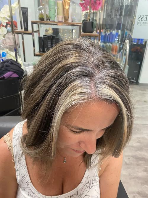 Hair Extensions photo, Denver Colorado. As you get to see how close I left her natural silver hair a(..)